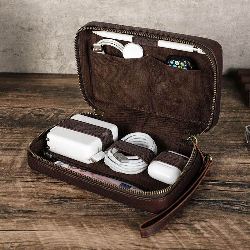 Tech Accessories Case - ヴィンテージブラウン本革製テックオーガナイザーバッグ、多ポケットポーチ、充電器、ケーブル、イヤホン、ペン用トラベルケース