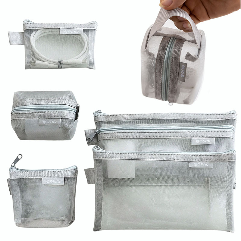 Tech Accessories Case - グレーのメッシュオーガナイザーバッグ – 旅行、メイクアップ、文房具、電子機器アクセサリー、デスク引き出し整理用品用 TMZ