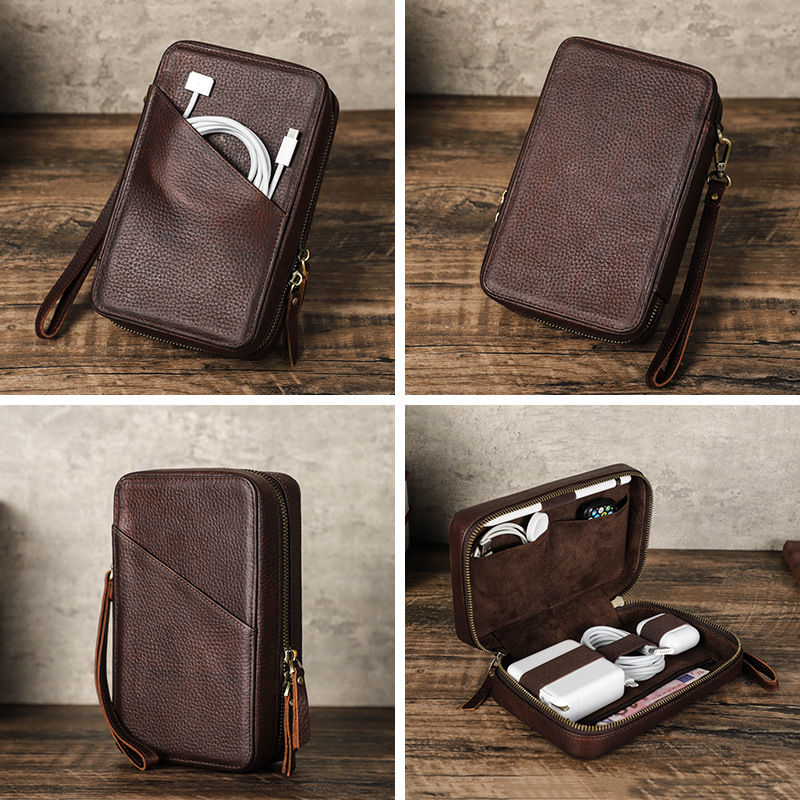 ヴィンテージブラウン本革製テックオーガナイザーバッグ、多ポケ - Tech Accessories Case のレビューと価格