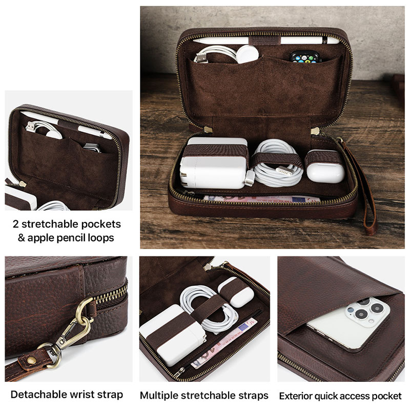 ヴィンテージブラウン本革製テックオーガナイザーバッグ、多ポケ - Tech Accessories Case のレビューと価格