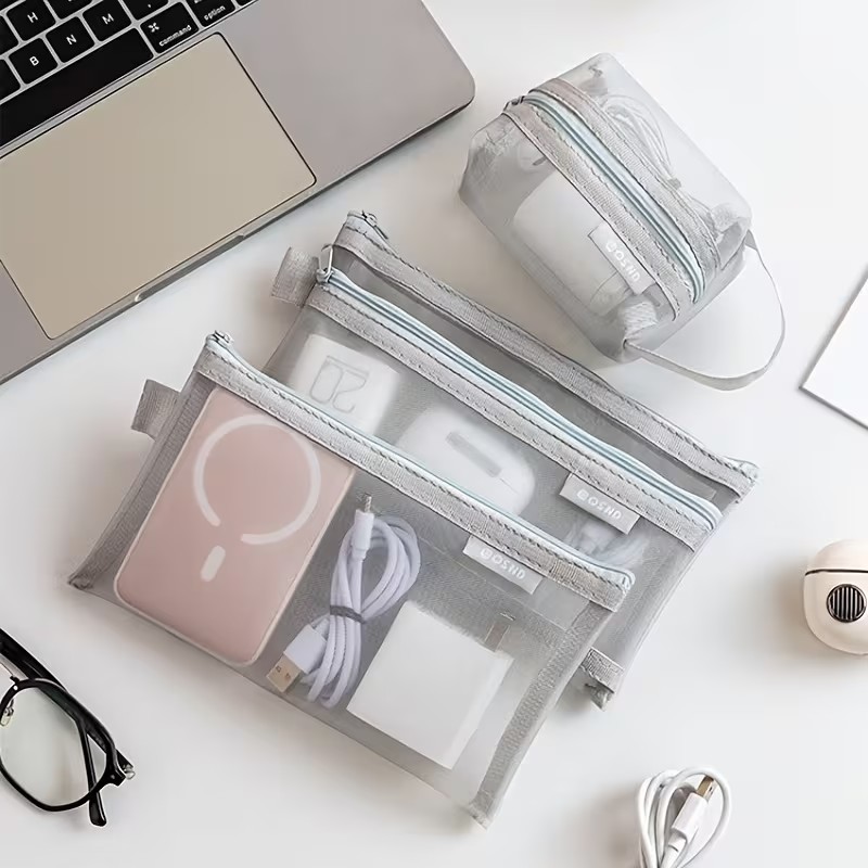 グレーのメッシュオーガナイザーバッグ – 旅行、メイクアップ - Tech Accessories Case のレビューと価格